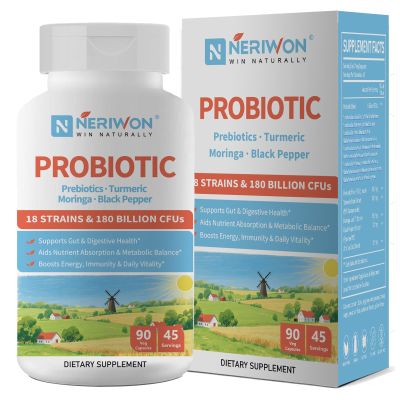 NERIWON Probiotics 180 Billion CFU 18 Strains for Women & Men, Digestive Health, Gas & Bloating Relief, Immune Support, Shelf Stable, Non-GMO, Gluten Free, 90 Veggie Capsules