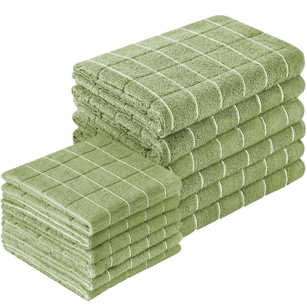 12pcs Microfiber Kitchen Towels & Dishcloths Set - 2618 Inch & 1212 Inch, Bulk Lint-Free for Drying Dishes(Olive Green)