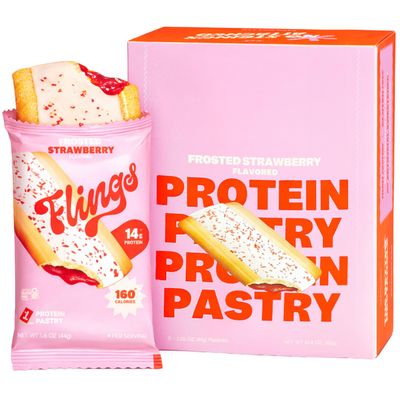 Flings Protein Pastries 14g Protein, 4g Fiber, 160 Calories Low Sugar Protein Snack Bars Gluten Free Frosted Strawberry (8 Pack)