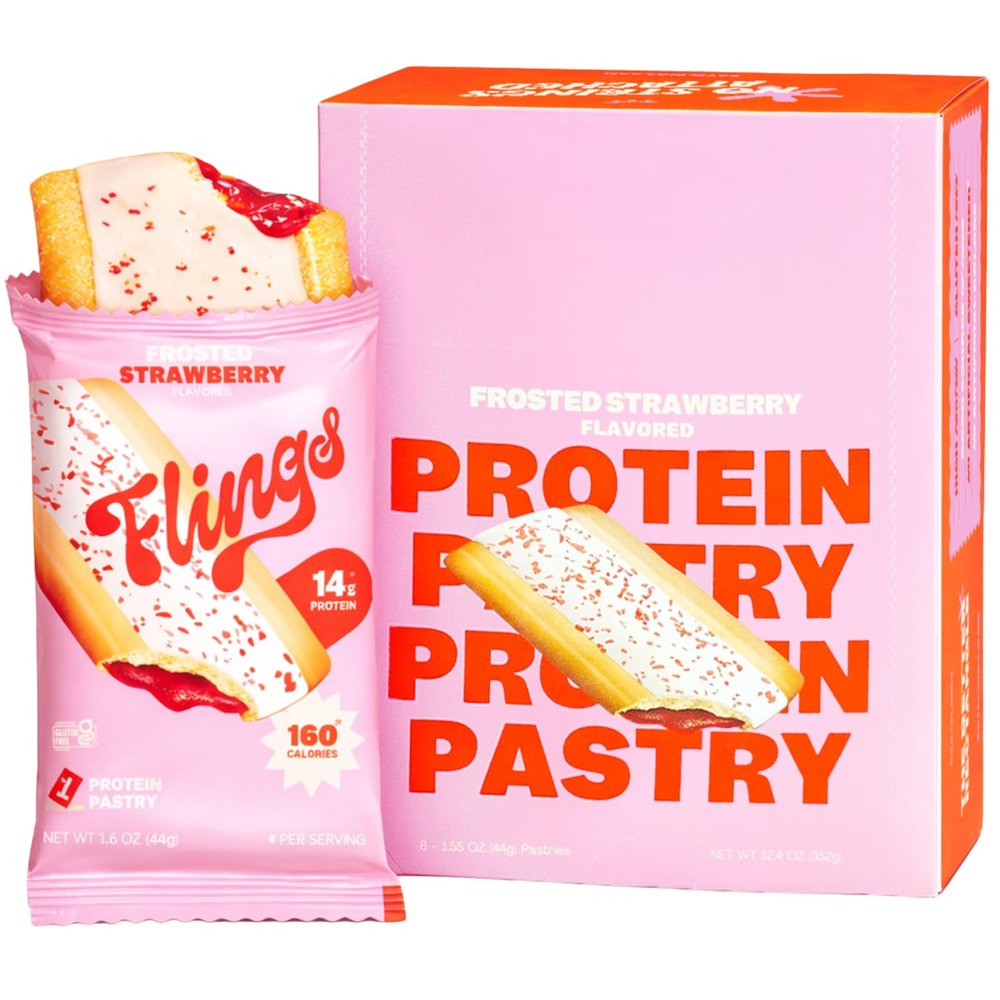 Flings Protein Pastries 14g Protein, 4g Fiber, 160 Calories Low Sugar Protein Snack Bars Gluten Free Frosted Strawberry (8 Pack)