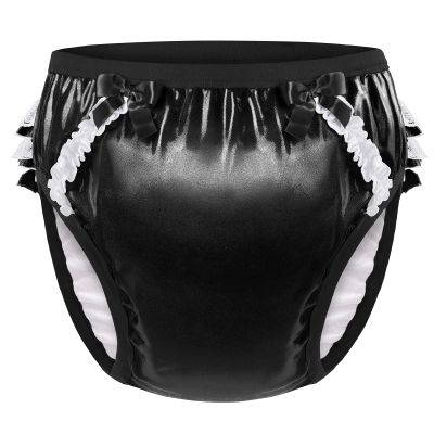 Littleforbig Soft Underwear Comfortable Washable Reusable Ruffled Lace Bow Pretty in Black Shiny Glitter Waterproof Adult Training Pants M