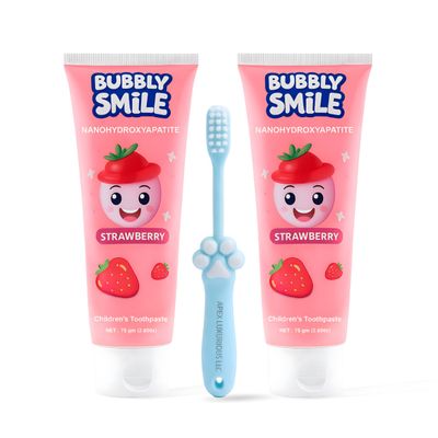 Bubbly Smile Kids Toothpaste Set - 2 Pack Nano Hydroxyapatite Toothpaste (5.3 Oz Total) + 1 Bonus Soft Toothbrush | Fluoride-Free | Glycerin Free | Strawberry Flavor, Safe to Swallow
