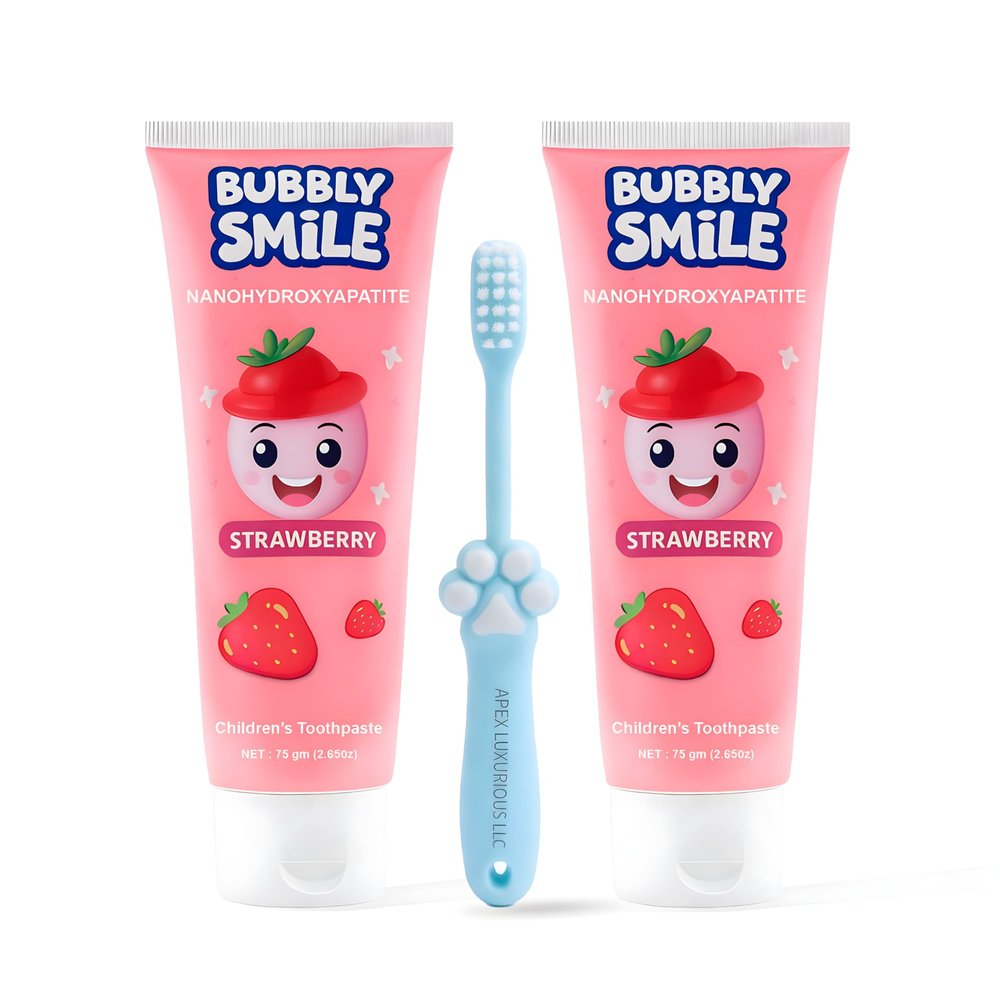 Bubbly Smile Kids Toothpaste Set - 2 Pack Nano Hydroxyapatite Toothpaste (5.3 Oz Total) + 1 Bonus Soft Toothbrush | Fluoride-Free | Glycerin Free | Strawberry Flavor, Safe to Swallow