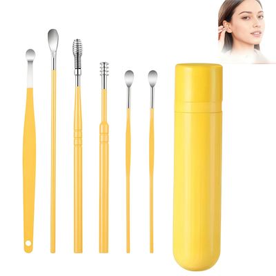 6 Pcs Ear Wax Removal Tool Set with Storage Tube, Upgraded Ear Wax Removal Tool Ear Cleaning Kit, Portable Ear Pick Earwax Removal Tool Ear Cleaning Kit with Storage Box (Yellow)