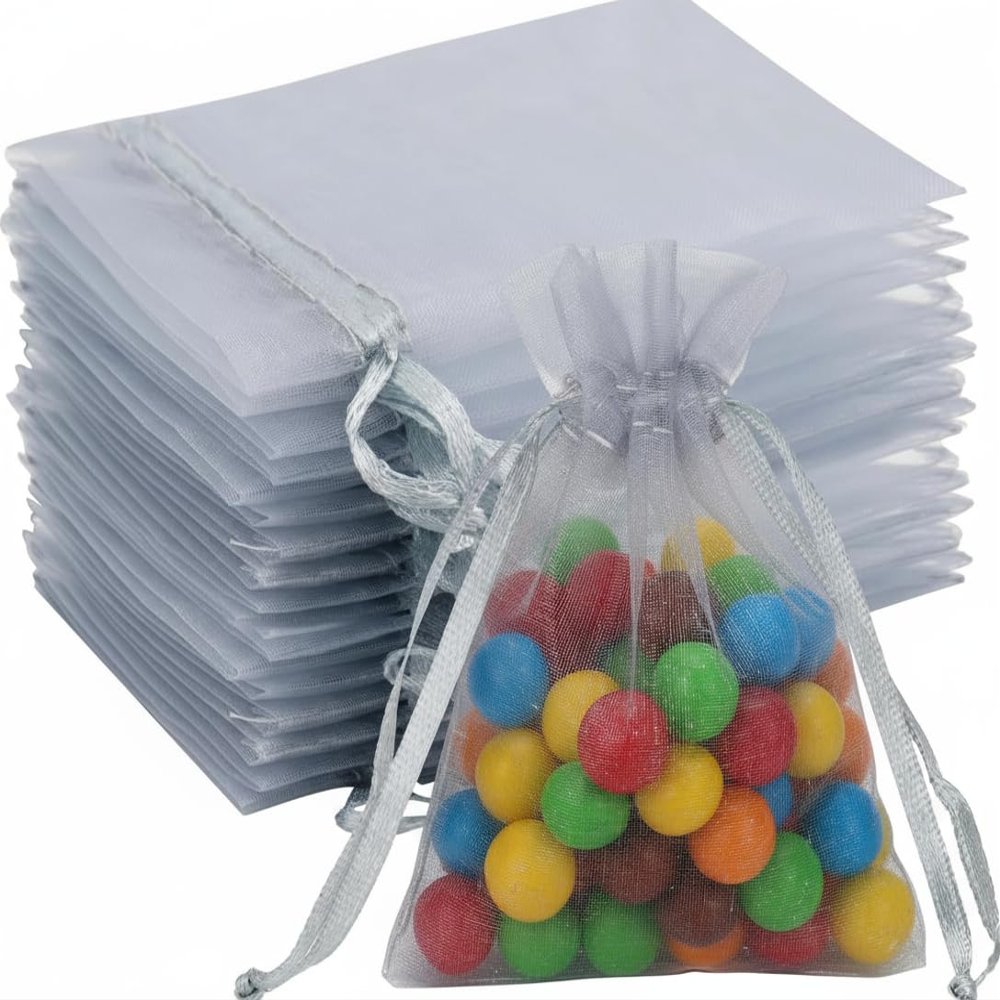 100Pcs Organza Bags White/Black/Gray Small Mesh Bags Mini with Satin Drawstring for Reusable Gift Packaging (Gray, 2.8 * 3.5inch)