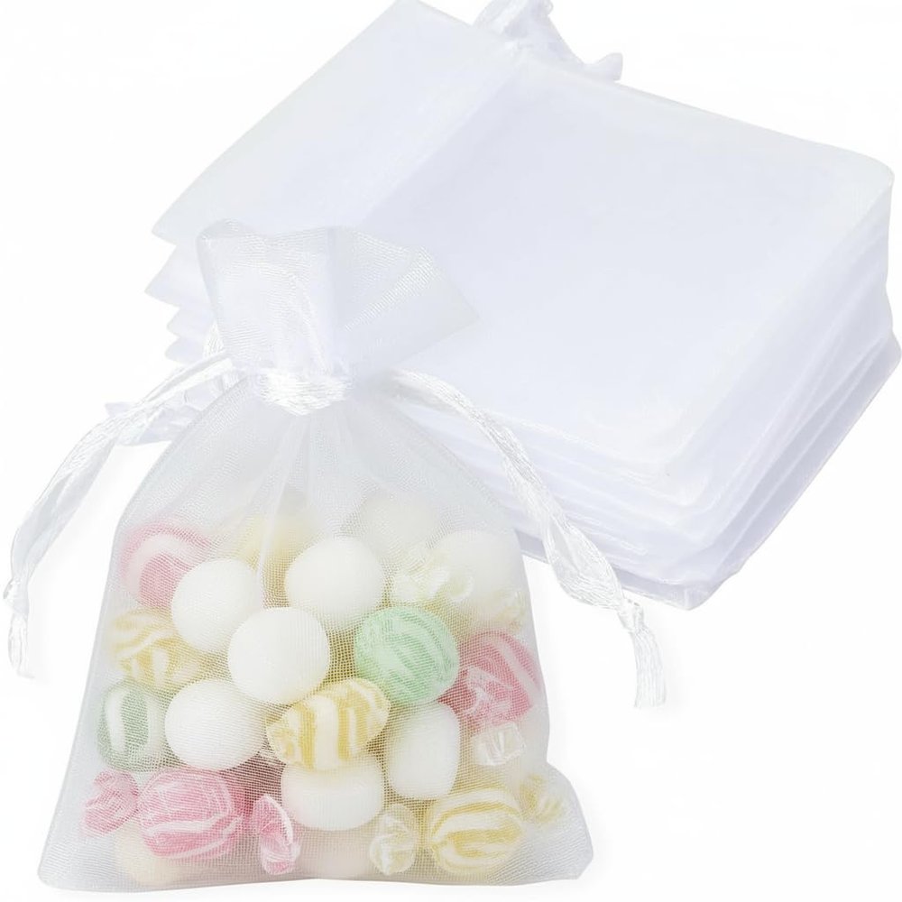 100Pcs Organza Bags White/Black/Gray Small Mesh Bags Mini with Satin Drawstring for Reusable Gift Packaging (White, 5 * 7inch)