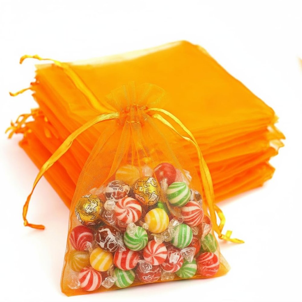 100Pcs Organza Bags Transparent Small Mesh Bags Mini with Satin Drawstring for Reusable Gift Packaging (Orange, 5 * 7inch)