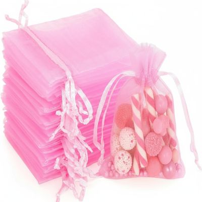 100Pcs Organza Bags Transparent Small Mesh Bags Mini with Satin Drawstring for Reusable Gift Packaging (Pink, 2.8 * 3.5inch)