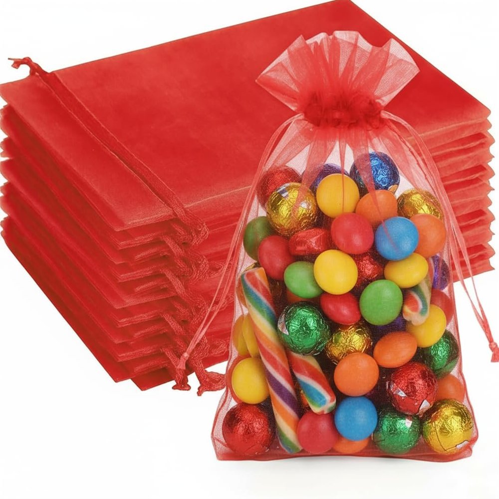 100Pcs Organza Bags Transparent Small Mesh Bags Mini with Satin Drawstring for Reusable Gift Packaging (Red, 2.8 * 3.5inch)