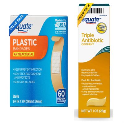 Equate First Aid Triple Ointment 1 oz & Medium Plastic Bandages 60 Count Bundle, Value Pack