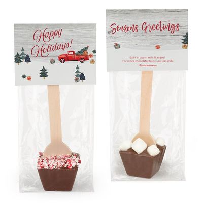 24 Pack Happy Holidays & Seasons Greetings Hot Chocolate Spoon Favors For Christmas Gifts, Holiday Party Favors & More - Milk Chocolate With Marshmallows