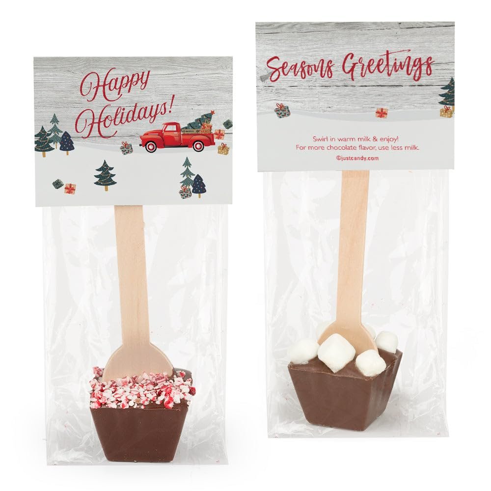 24 Pack Happy Holidays & Seasons Greetings Hot Chocolate Spoon Favors For Christmas Gifts, Holiday Party Favors & More - Milk Chocolate With Marshmallows