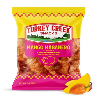 Turkey Creek Mango Habanero Chicharrones, Fried Pork Rinds - Mango Habanero Sweet & Spicy Flavored Pork Skins - Low Carb, Gluten-Free, Protein Snack - 2oz (Pack of 12)