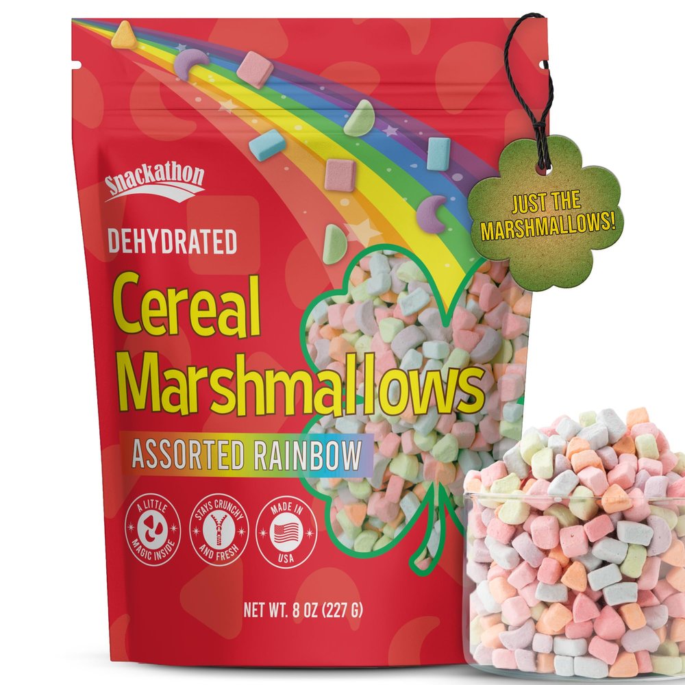 Snackathon Dehydrated Cereal Marshmallows, Assorted Rainbow Mini Bits, 8 OZ Resealable Bulk Bag Fun Crunchy Lucky-Style Marshmallow Topping for Hot Chocolate, Coffee, Cereal & Desserts