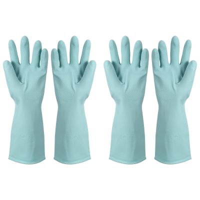 uxcell 2 Pair Rubber Cleaning Gloves, Reusable Household Dishwashing Long Rubber Gloves with Non-slip Grip for Washing Dishes Kitchen and Bathroom Cleaning, Medium, Light Blue