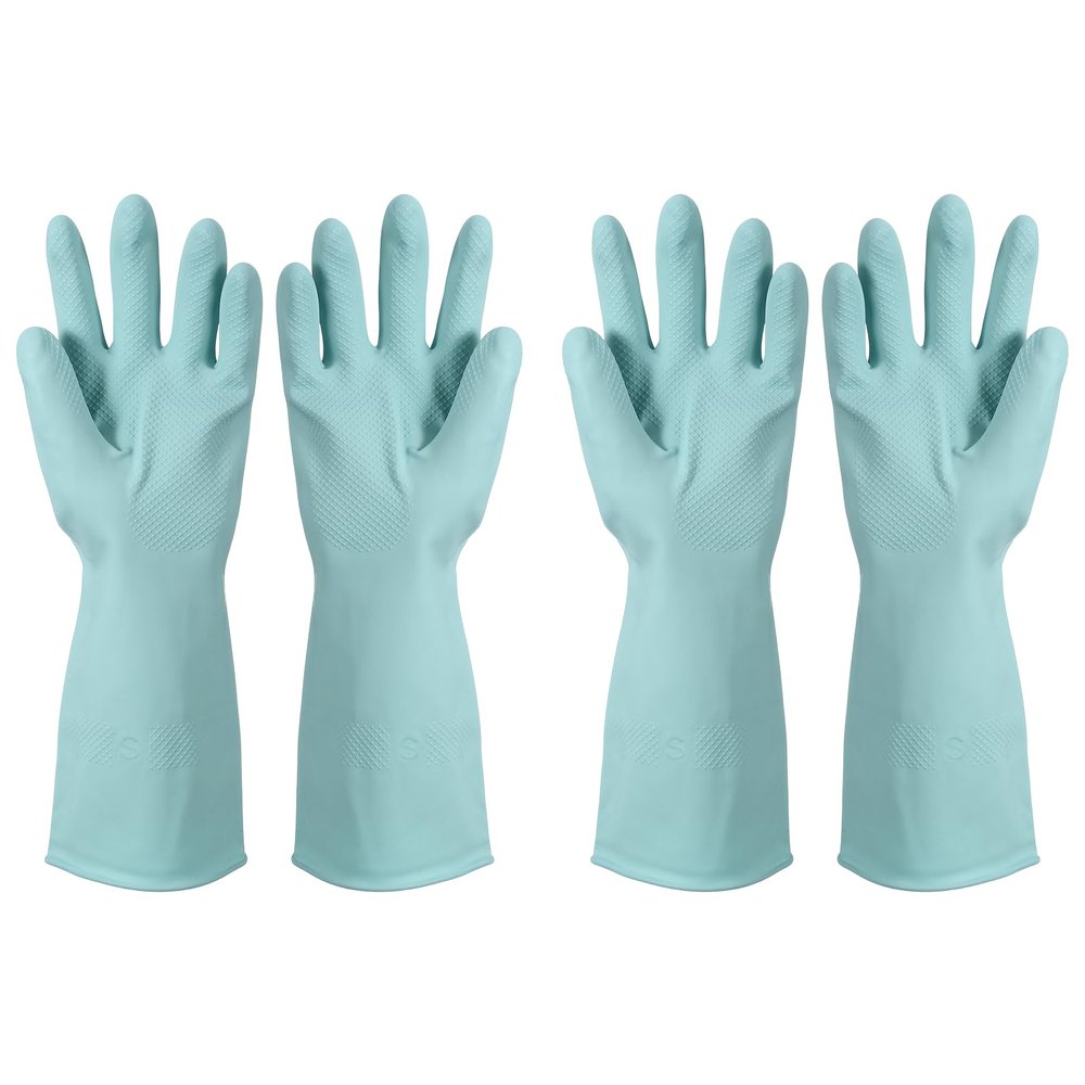 uxcell 2 Pair Rubber Cleaning Gloves, Reusable Household Dishwashing Long Rubber Gloves with Non-slip Grip for Washing Dishes Kitchen and Bathroom Cleaning, Medium, Light Blue