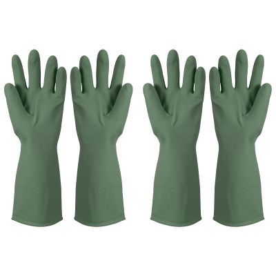 uxcell 2 Pair Rubber Cleaning Gloves, Reusable Household Dishwashing Long Rubber Gloves with Non-slip Grip for Washing Dishes Kitchen and Bathroom Cleaning, Small, Dark Green