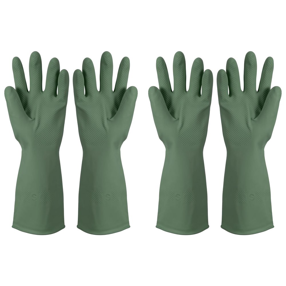 uxcell 2 Pair Rubber Cleaning Gloves, Reusable Household Dishwashing Long Rubber Gloves with Non-slip Grip for Washing Dishes Kitchen and Bathroom Cleaning, Small, Dark Green