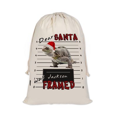 CafeTime Iguana in Santa Hat Dear Santa Sack with Name, Personalized Christmas Bags, Xmas Drawstring Bags Holiday Christmas Eve Box Large Sack Bags 19.5x31.5 inch Style 27