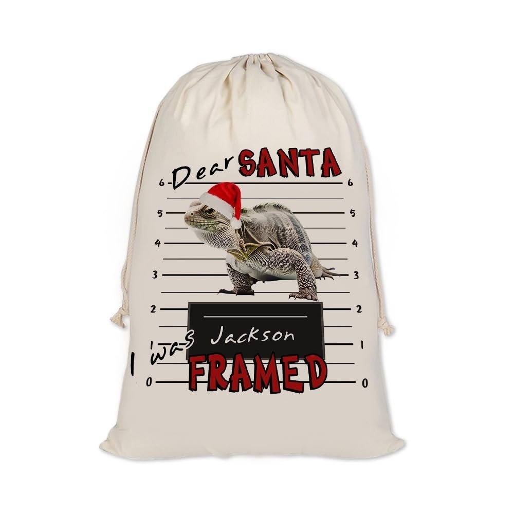 CafeTime Iguana in Santa Hat Dear Santa Sack with Name, Personalized Christmas Bags, Xmas Drawstring Bags Holiday Christmas Eve Box Large Sack Bags 19.5x31.5 inch Style 27