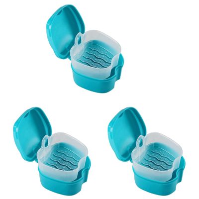 Cwmiibili 3X Denture Case,Denture Cup with Strainer,Denture Bath Box False Teeth Storage Box with Basket Net Container Holder