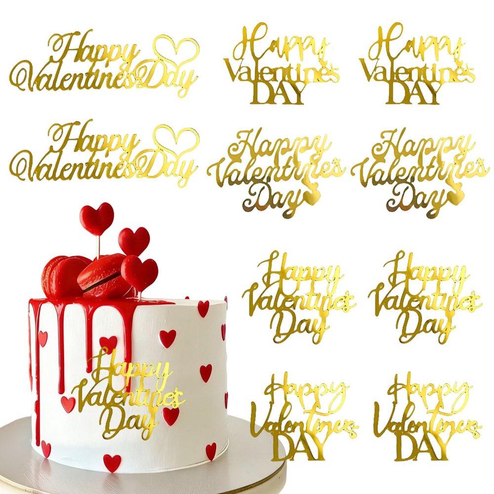 10 Pcs Gold Acrylic Mirror Cake Toppers Valentine's Day Love Heart Side Cake Decor for Party Dessert DIY Supplies