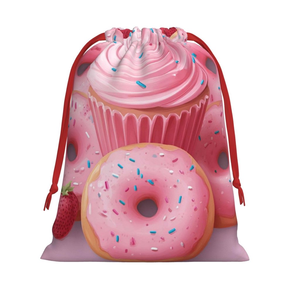 Christmas Drawstring Gift Bags Assorted Sizes Xmas Wrapping Bag Pink Donut and Cupcake Gift Bags Holiday Gifts Wrap Packing Pouches Favors Bag for Christmas Candy Goodie Holiday Party Favors Medium