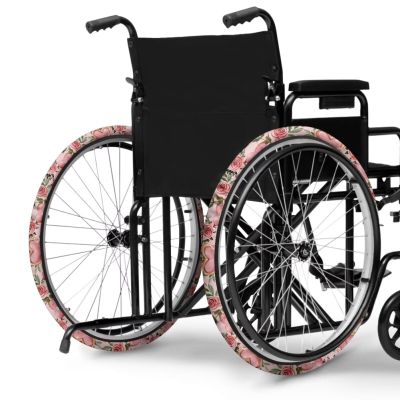 Vanideaoty Pink Rose Wheelchair Wheel Covers Set of 2 Pink Love Heart Wheelchair Accessories Dustproof for Vacation Portable