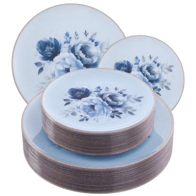 60Pcs Dark Blue Peony Disposable Plastic Plates for Party Crackle