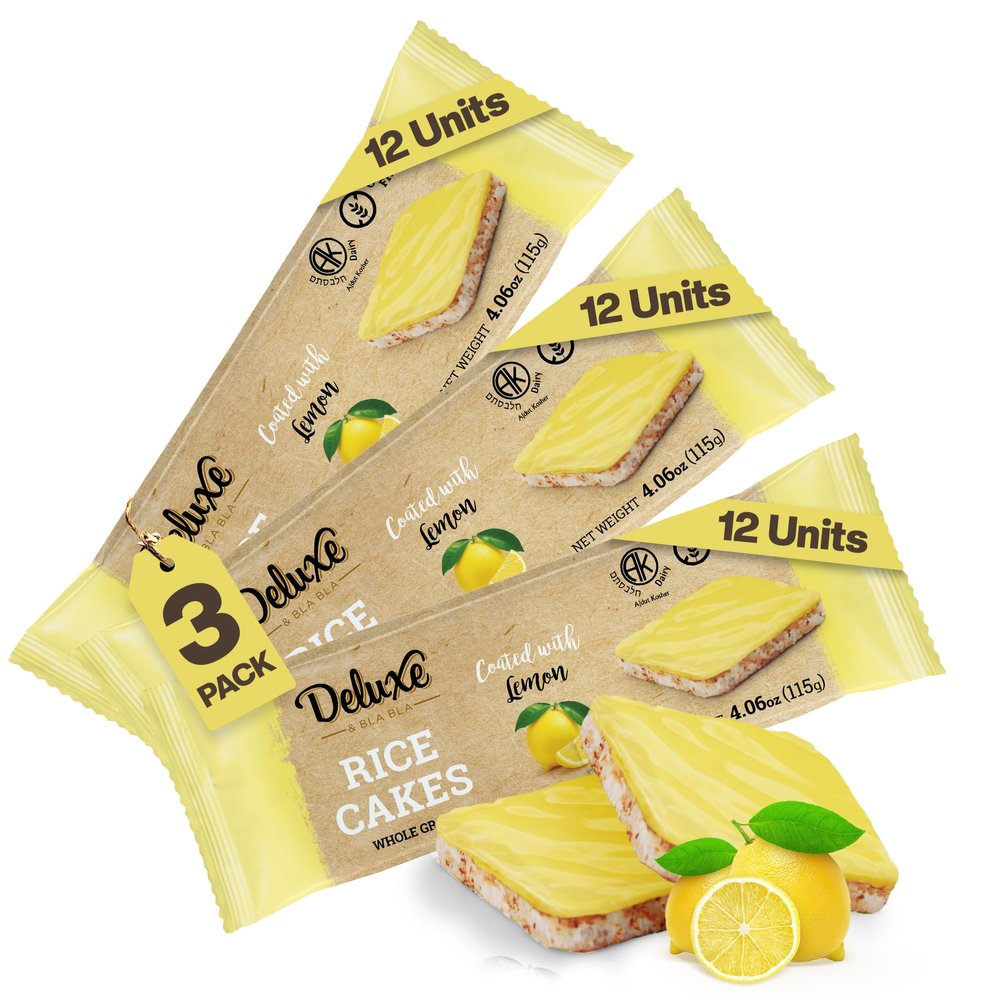 Deluxe & Bla Bla Thin and Crispy Lemon Coated Rice Cakes, Kosher Certified Dairy, Gluten Free, Nuts Free Snack Pack Of 3 (Pack of 3, Lemon Coated)