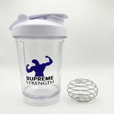 Supreme Strength Protein Shaker Bottle White 24oz Leakproof Gym Mixer Cup for Pre workout & Smoothies, BPA Free Dishwasher Safe with Wire Whisk Ball