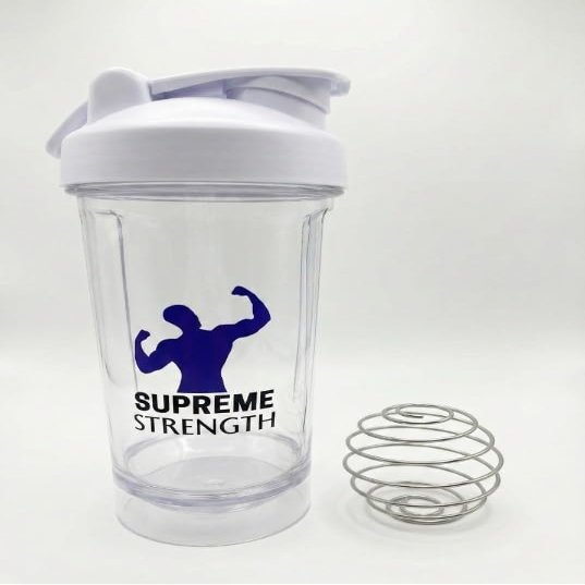 Supreme Strength Protein Shaker Bottle White 24oz Leakproof Gym Mixer Cup for Pre workout & Smoothies, BPA Free Dishwasher Safe with Wire Whisk Ball