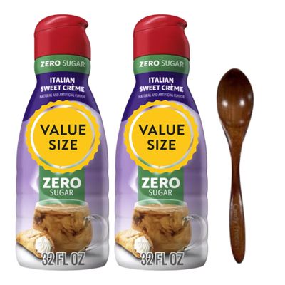 Premium Non-Dairy Liquid Coffee Creamer.- Two (2) 32 fl oz Bottles of Creamy Smooth Delightful Coffee Creamer with Candy Freezer Wooden Spoon (Sugar-Free Sweet Italian Creme) Wooden Spoon