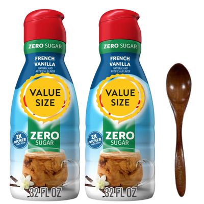 Premium Non-Dairy Liquid Coffee Creamer.- Two (2) 32 fl oz Bottles of Creamy Smooth Delightful Coffee Creamer with Candy Freezer Wooden Spoon (Sugar-Free French Vanilla) Wooden Spoon