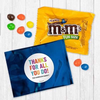 24 Pack Thanks For All You Do Personalized Candy Favor Bags Filled With Chocolate Coated Peanut Minis For Corporate Favors, Event Giveaways, Thank You Gifts & More - Blue