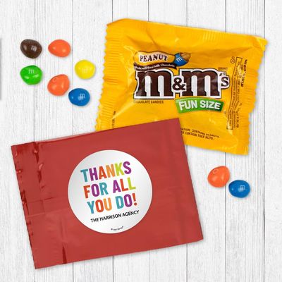 12 Pack Thanks For All You Do Personalized Candy Favor Bags Filled With Chocolate Coated Peanut Minis For Corporate Favors, Event Giveaways, Thank You Gifts & More - Red