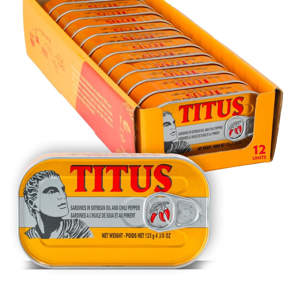Titus Canned Sardines in Soybean Oil and Chilli Pepper Pack of 12 | Premium Quality Sardines, Rich in Omega-3 & Protein | Long Shelf Life, Ready to Eat