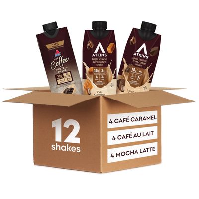 Atkins Coffee Lovers Protein Shake Variety Pack, Mocha Latte, Caf Caramel and Caf au Lait Flavored Protein Shakes, 15g Protein, 3g Fiber, GLP-1 Friendly, 12 Count