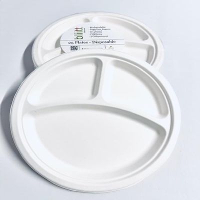 bliitt Disposable Compostable 3 Compartment Paper Plates 10 Inch 25 Pack