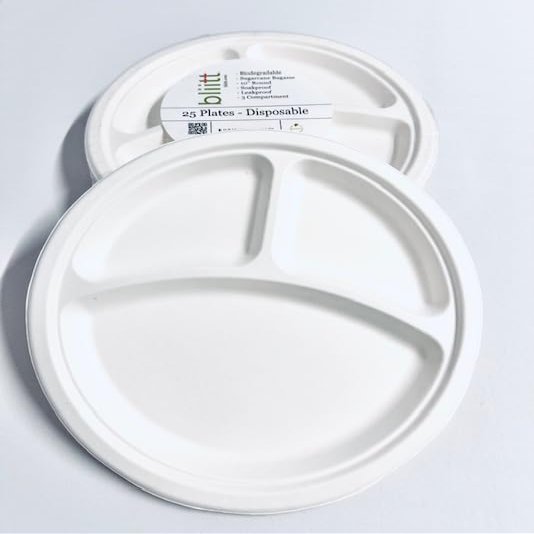 bliitt Disposable Compostable 3 Compartment Paper Plates 10 Inch 25 Pack