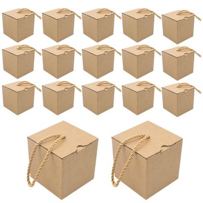 12 PCS Small Gift Boxes with Handle Rope, 3.15 Inch Square Elegant Kraft Corrugated Gift Packaging Boxes for Christmas Wedding, Portable Brown Foldable Paper Cases for Cupcake Candy Candle Cookies