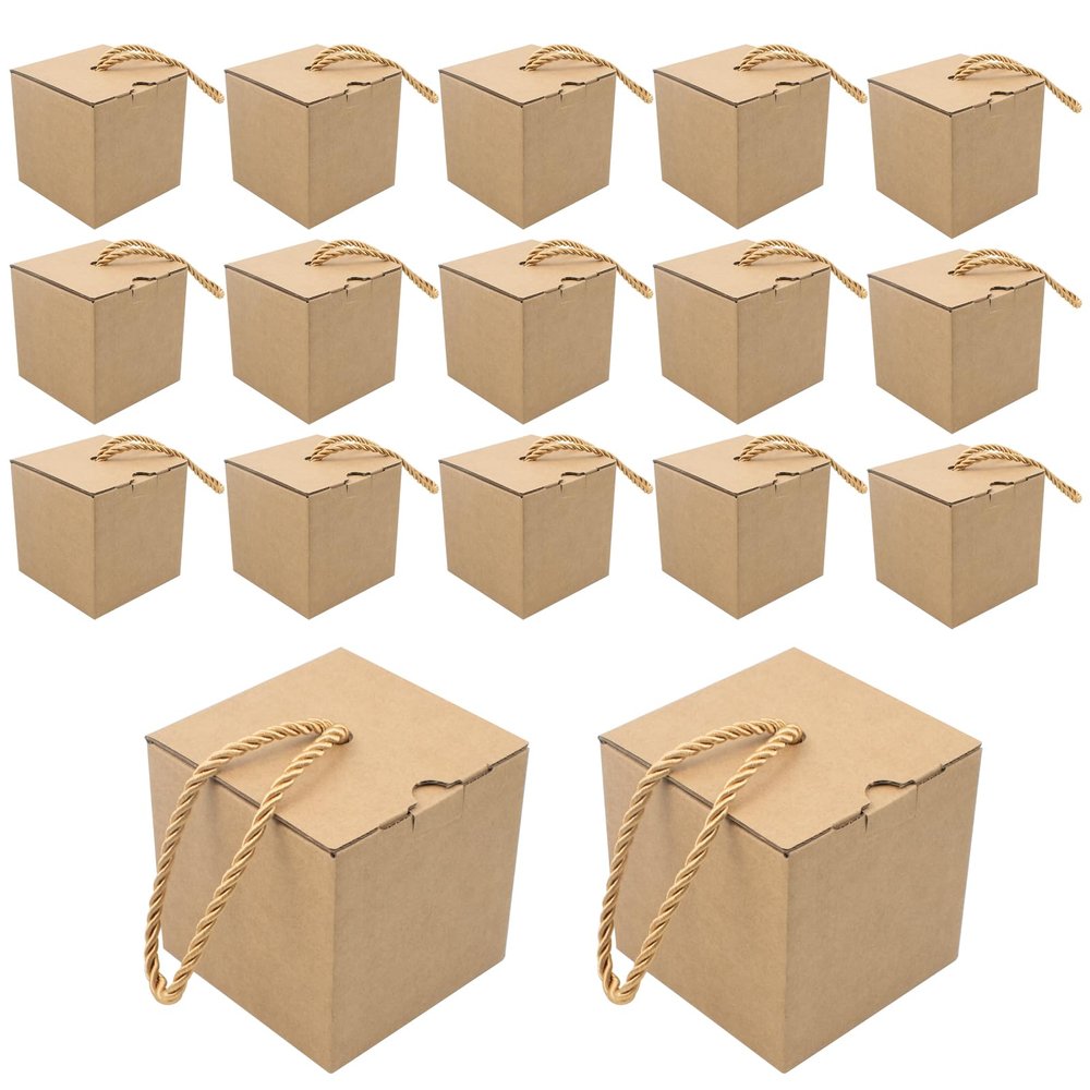 12 PCS Small Gift Boxes with Handle Rope, 3.15 Inch Square Elegant Kraft Corrugated Gift Packaging Boxes for Christmas Wedding, Portable Brown Foldable Paper Cases for Cupcake Candy Candle Cookies