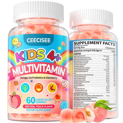 Ceecisee Kids Multivitamin with Iron Gummies: Natural Sugar Free Methylated Multivitamin Gummy with Omega 3 Probiotic Elderberry DHA Calcium Zinc - Daily Immune Overall Support for Kids(120 Count)