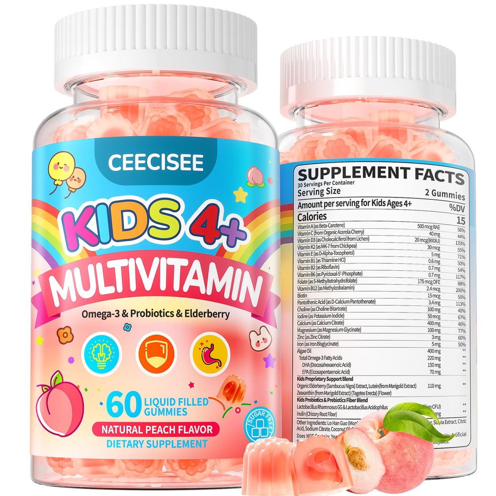 Ceecisee Kids Multivitamin with Iron Gummies: Natural Sugar Free Methylated Multivitamin Gummy with Omega 3 Probiotic Elderberry DHA Calcium Zinc - Daily Immune Overall Support for Kids(120 Count)