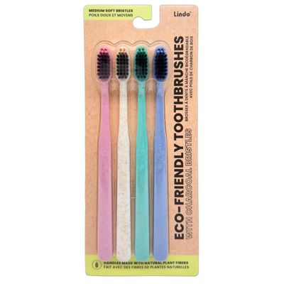 Lindo EcoGrip Bamboo Toothbrush - Soft German Made Fiber Bristles, Organic and Recyclable, Natural Handle (Pink, Beige, Green, Blue)