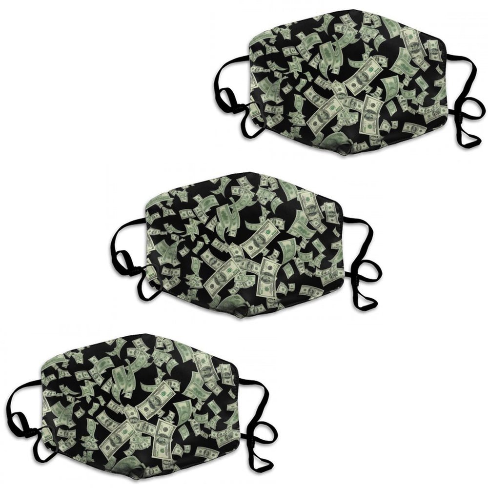 JZDACH Reusable Cloth Face Mask Mouth Scarf 3 Pack for Adults, Dustproof Adjustable Ear Loops Breathable Comfortable Fabric Mask Balaclavas Money American Bill Dollars