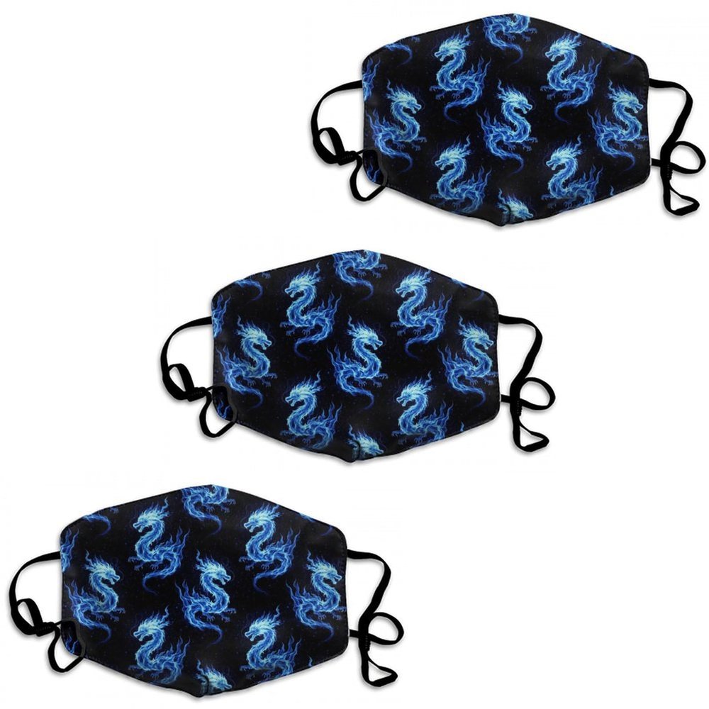 JZDACH Fashion Reusable Washable Cloth Mask Balaclavas 3 Pack Blue Fire Dragon, Dustproof Adjustable Ear Loops Comfortable Face Cover Mouth Scarf for Work Office