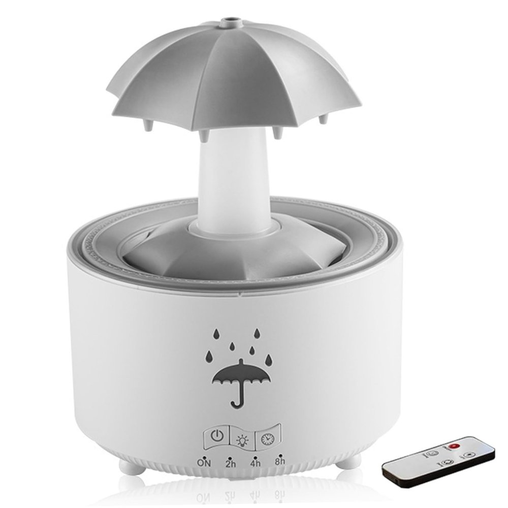 7-Color Raindrop Humidifier and Essential Oil Diffuser with Remote, 300ml Quiet Rain Sound Machine for Bedroom and Office, White