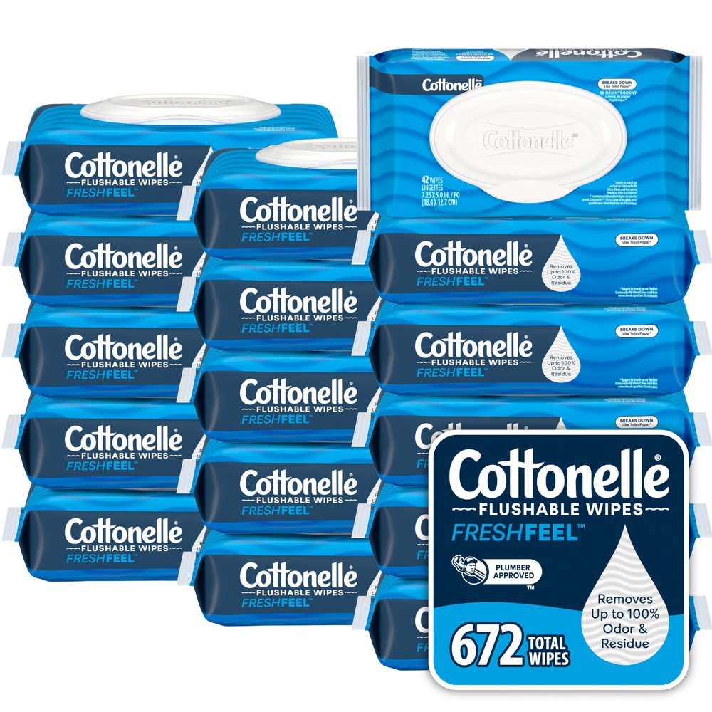 Cottonelle Fresh Feel Flushable Wet Wipes, Adult Wet Wipes, 16 Flip-Top Packs, 42 Wipes Per Pack (672 Total Wipes), Packaging May Vary