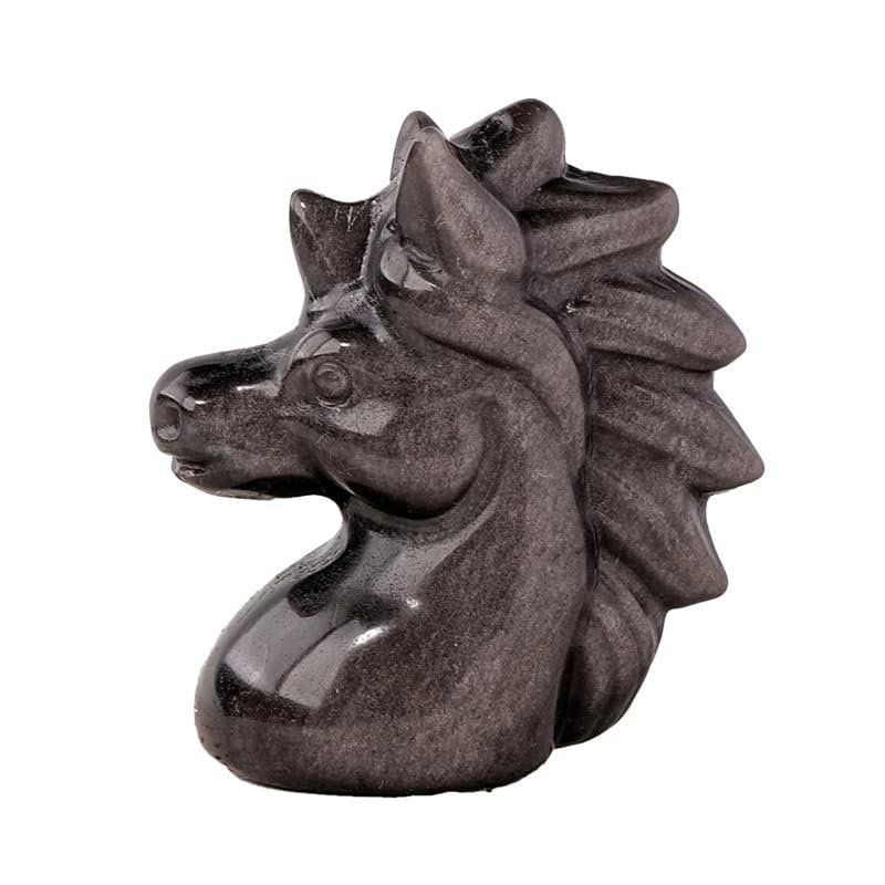 CQMLWSDNW Silver Obsidian Unicorn Carving, 2 x 1.6 Inches, Approx. 5 4 CM Raw Crystal Handcrafted Statue, Gemstone, Desk Decor Gift